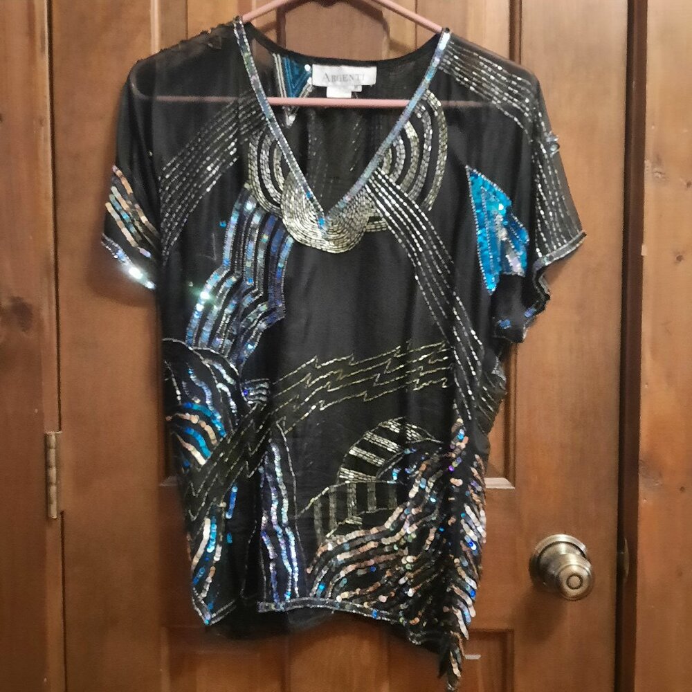 Argenti Pure Silk Sheer Black top with Sparkly Sequins & Bugle Beads Vintage M
